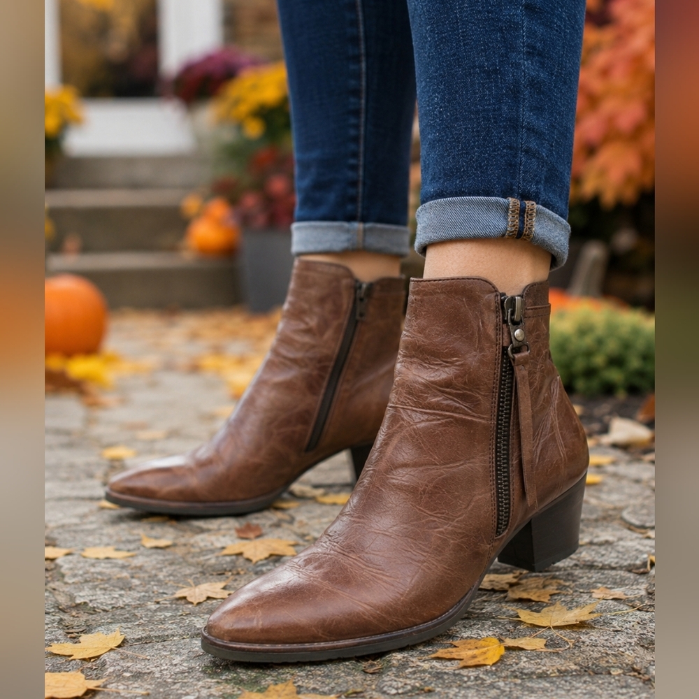 Dorking Brown Leather Ankle Boots Women’s EU 40 Side Zip Heeled Booties Comfort